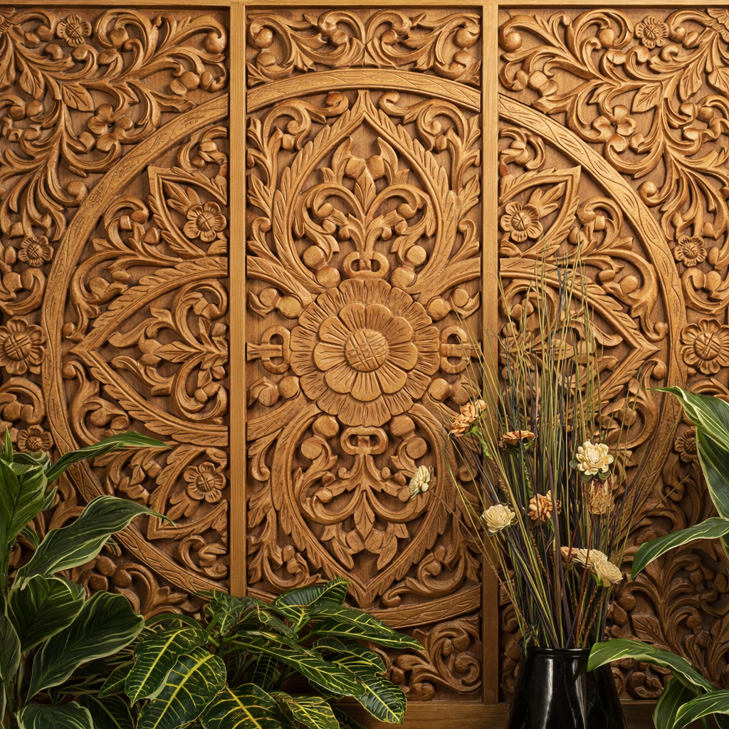 CNC 3D sculpting — high-relief wood carving for furniture and temple work